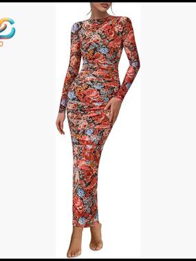 Long Sleeve Maxi Dress Ruched Bodycon Mesh Formal Wedding Guest Cocktail